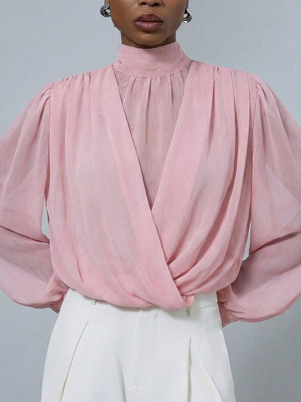 Pink Elegant Women's Mock Neck Sheer Blouse with Wrap Front and Puff Sleeves - Picture 4 of 7